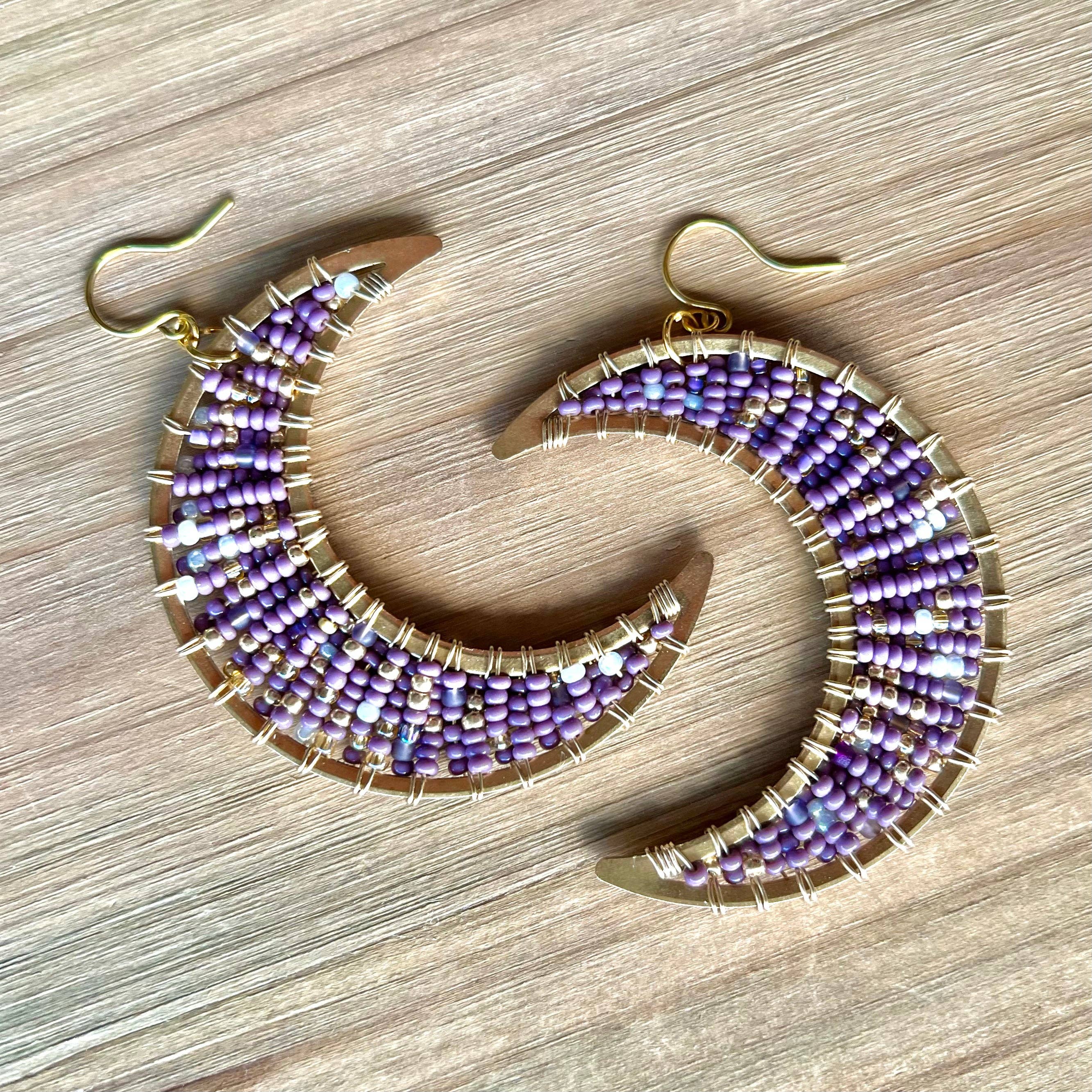 MorninGloria's - Wholesale Dangle Earrings - Large Beaded Crescent Luna Brass Moon Earrings3