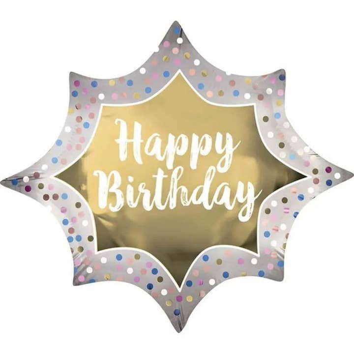 35" Happy Birthday Satin Gold Burst Mylar Balloon - SS2 for wholesale by Party Expo, LLC