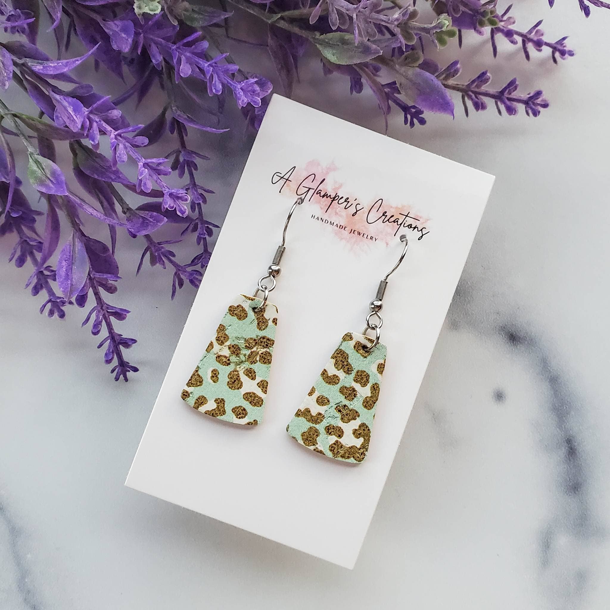 A Glamper's Creations LLC - Wholesale Dangle Earrings - Mint Leopard Dangle Leather Earrings1