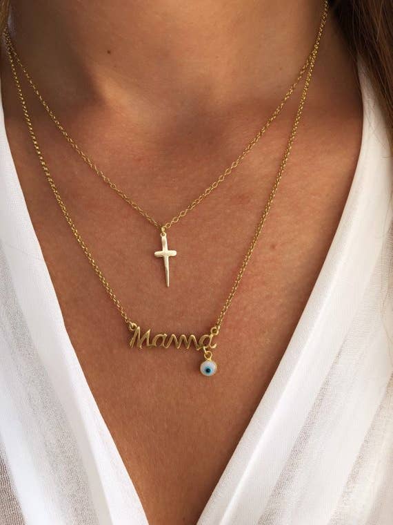 Gold Cross Necklace, Gold Mama Neckalce, Sterling Silver 925 for wholesale by Christina Christi
