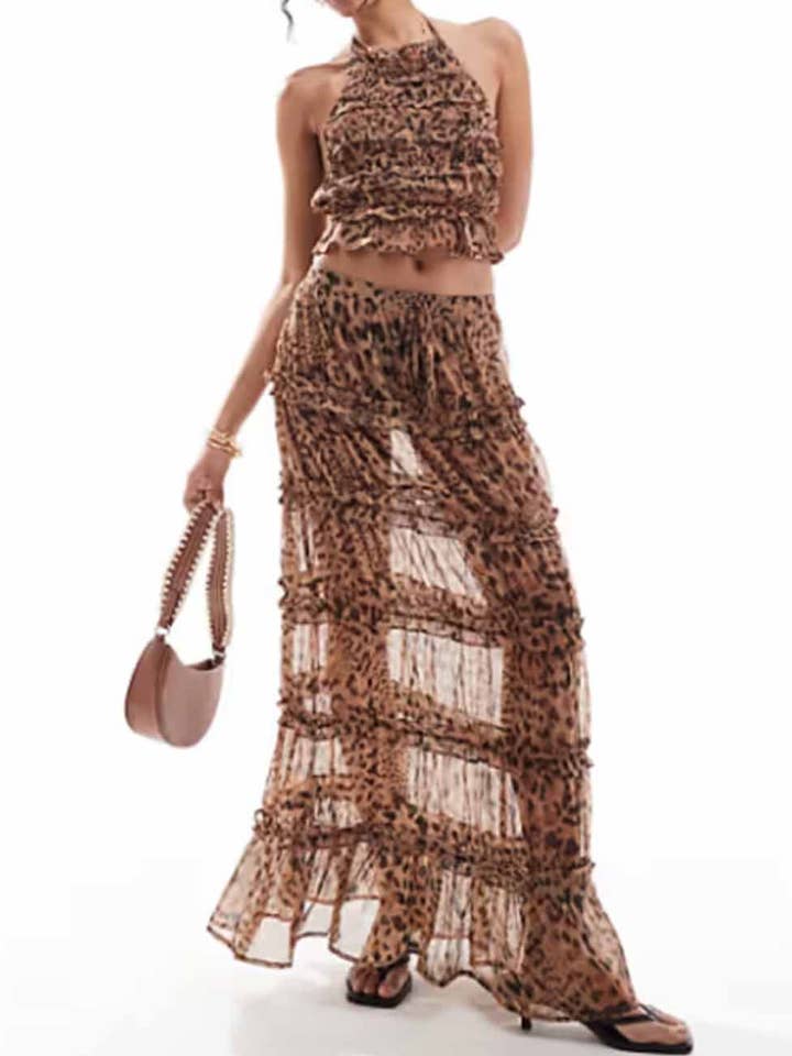 Ladies Leopard Halter Backless Tiered Ruffle Top & Skirt Set for wholesale by Sweetkama