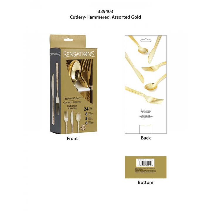 Bulk Party Decor - Wholesale Assorted Cutlery Set - Bulk Gold Metallic Hammered Assorted Cutlery (12 Pkgs per Case)2
