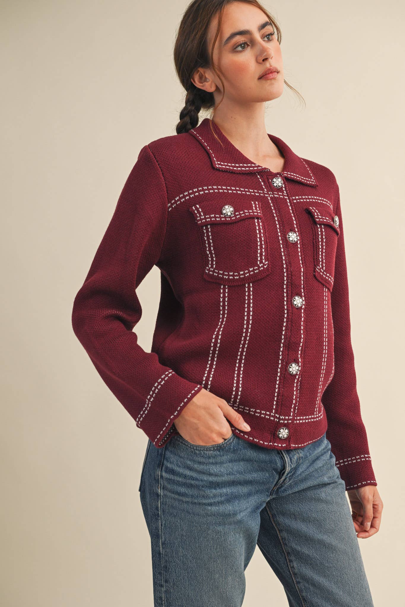 &MERCI - Wholesale Jacket - Women's - DENIM EFFECT KNIT SWEATER JACKET MSW1113026