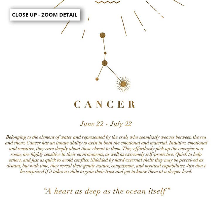 PRINT AND PROPER - Wholesale Art Print - Cancer Astrology Scandi Boho Print. Zodiac Poster in Gold