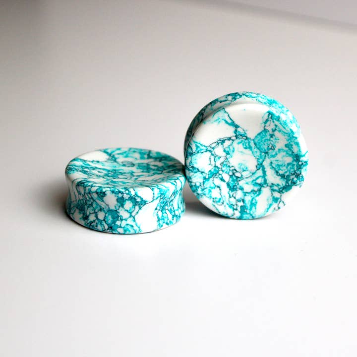 Aqua and Black Striped Double Flare Plugs – Pair of Howlite Inspired Stone Gauge 6mm-32mm for wholesale by EC Plugs and Gems