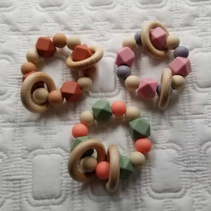 Grasping Wooden Ring Silicone Bead Teething Rattle for wholesale by D & C TOYS