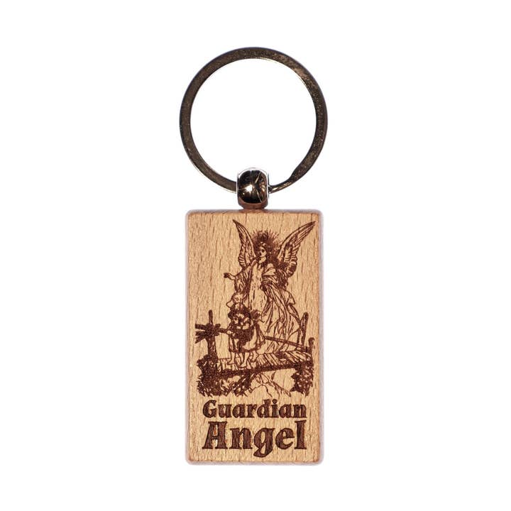 Guardian Angel Solid Wood Keychain, Engraved in the USA, Catholic Gift for wholesale by SercelPress