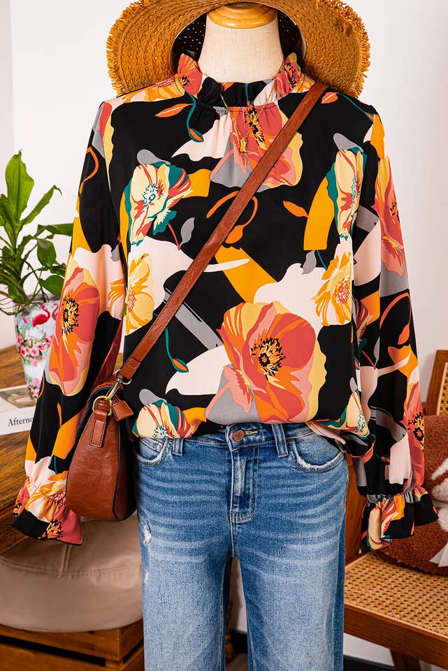 As shown Fashion-W Clothing Floral Print Mock Neck Blouse for wholesale on Faire