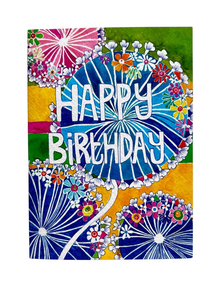 Happy Birthday (circle)A6 Floral hand painted greetings card for wholesale by Au Faye