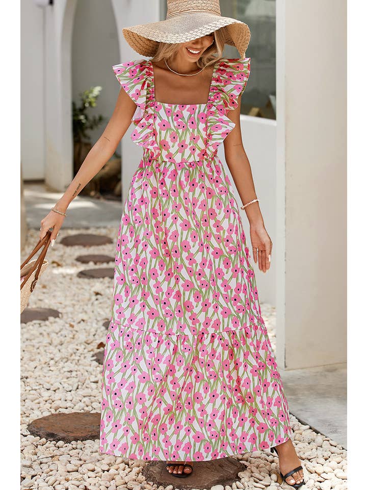 Little Daisy Closet - Wholesale Dress - Women's - LDC Floral Print Square Neck Ruffled Strap Maxi Dress