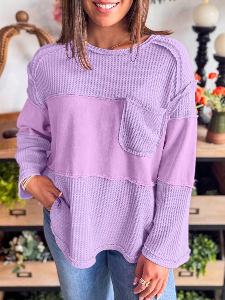 Phalaenopsis Thermal Knit Contrast Textured Patchwork Long Sleeve Top for wholesale by Lovesoft