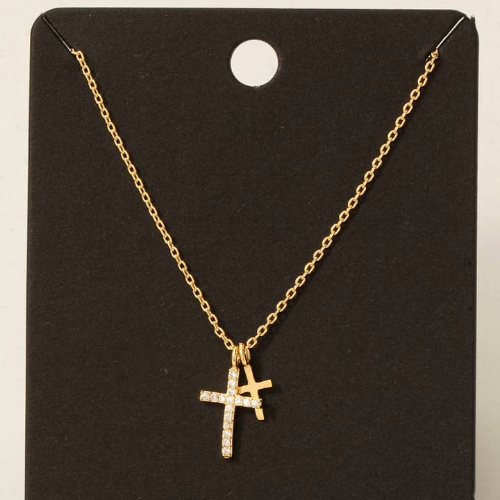 Cz Pave Double Cross Pendant Necklace for wholesale by Fame Accessories