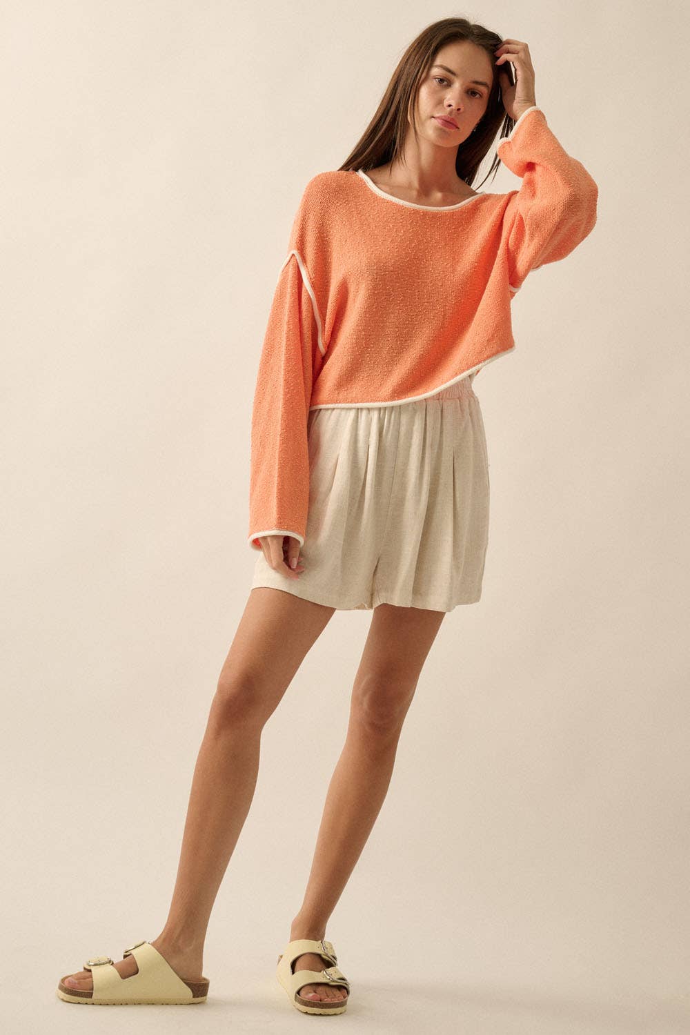 Promesa USA - Wholesale Knit Sweater - Women's - Loose Knit Boat Neck Exposed Seam Crop Sweater75