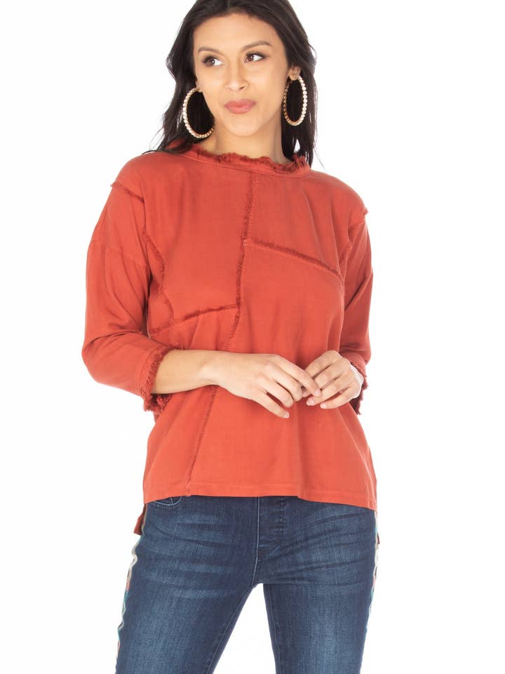 3/4 Sleeve Patched Tee With Frayed Seams APNY for wholesale by APNY