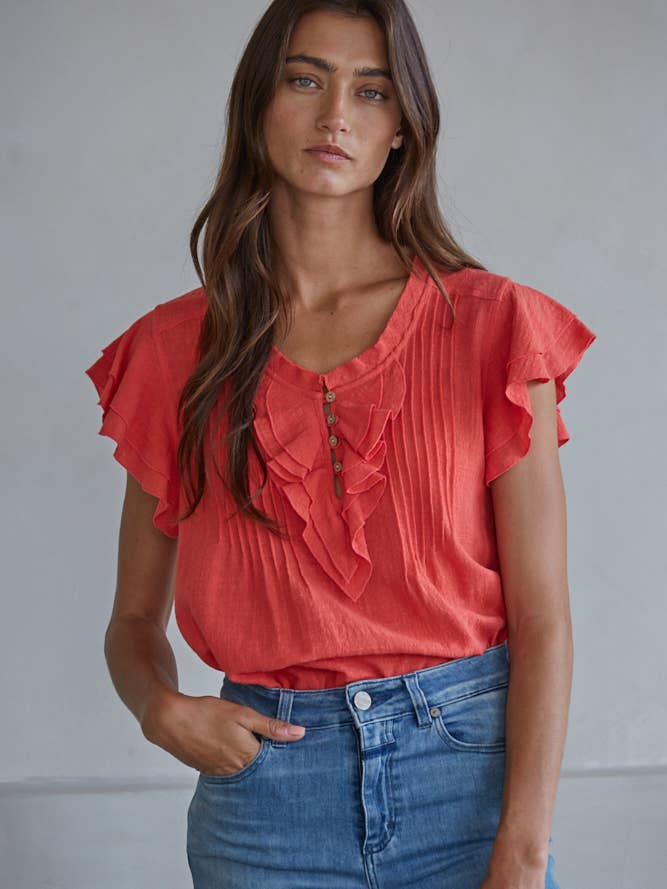 L6502 | Woven Cotton Linen Button V-Neck Short Sleeve Top for wholesale by By Together