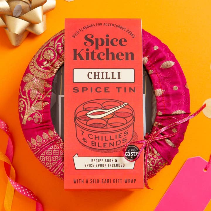 Chilli Tin with 7 Chillies & Blends and Silk Sari Wrap for wholesale by Spice Kitchen
