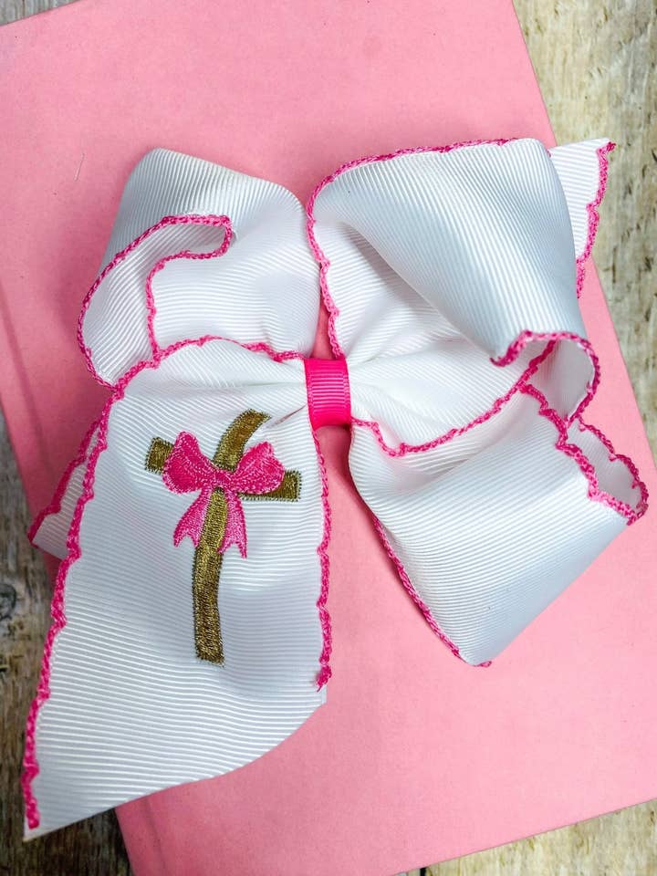 Cross Moonstitch Embroidered Hair Bow or Headband for wholesale by The Hair Bow Company