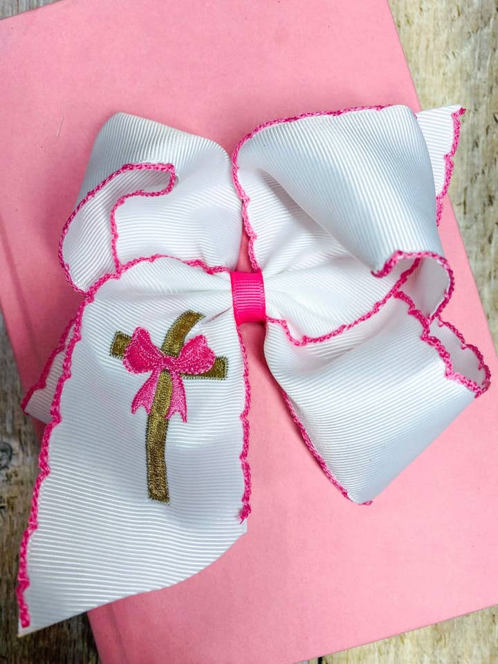Cross Moonstitch Embroidered Hair Bow for wholesale by The Hair Bow Company
