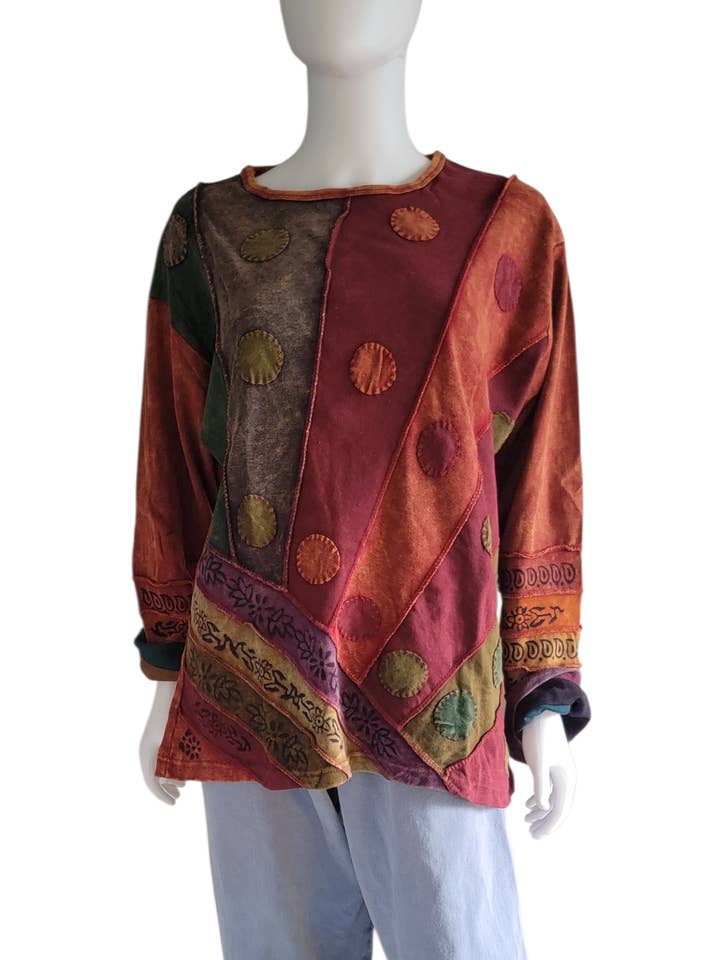 SLS1250 Long Sleeve Shirt Patchwork Diagonal Rays Rust Brown for wholesale by Evergreen Guardian Imports