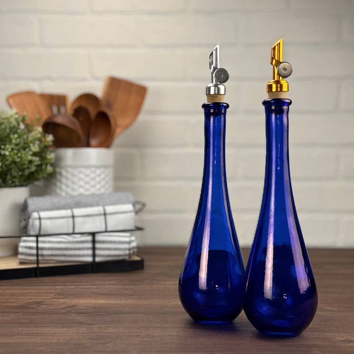 Blush Apothecary - Wholesale Oil/Vinegar Dispenser - 11.8-ounce Raindrop Cobalt Blue Bottle, Weighted Pour Spout