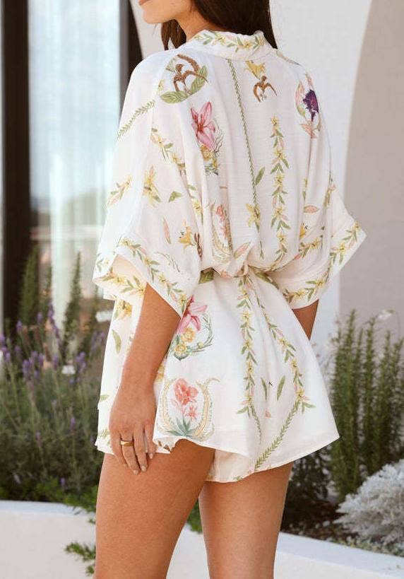 White Floral Tie-Waist Ruffle Sleeve Romper for wholesale on Faire1