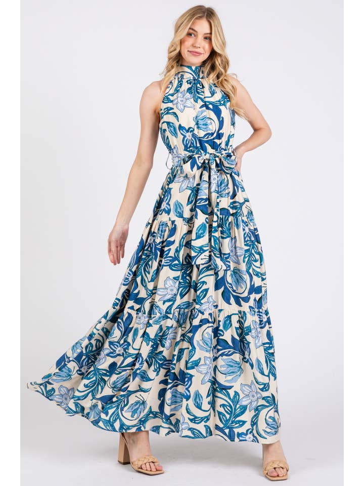 B I G H I T Fashion - Wholesale Dress - Women's - Floral Print Halter Neck Tiered Maxi Dress HD2970-BLUE