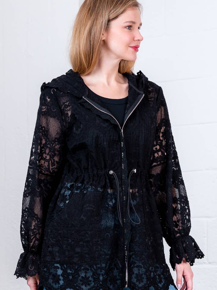 Taelynn - Wholesale Jacket - Women's - HJ75171T-LONG ELASTICIZED HOODED LACE JACKET3