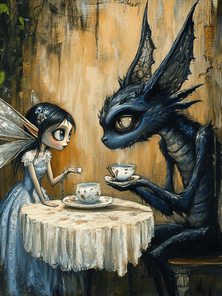 Chupacabra and Fairy Having Tea - Mythical Beasts Wall Art Prints – 8″x10″ Artwork for 11″x14″ Frame for wholesale by Mowbi