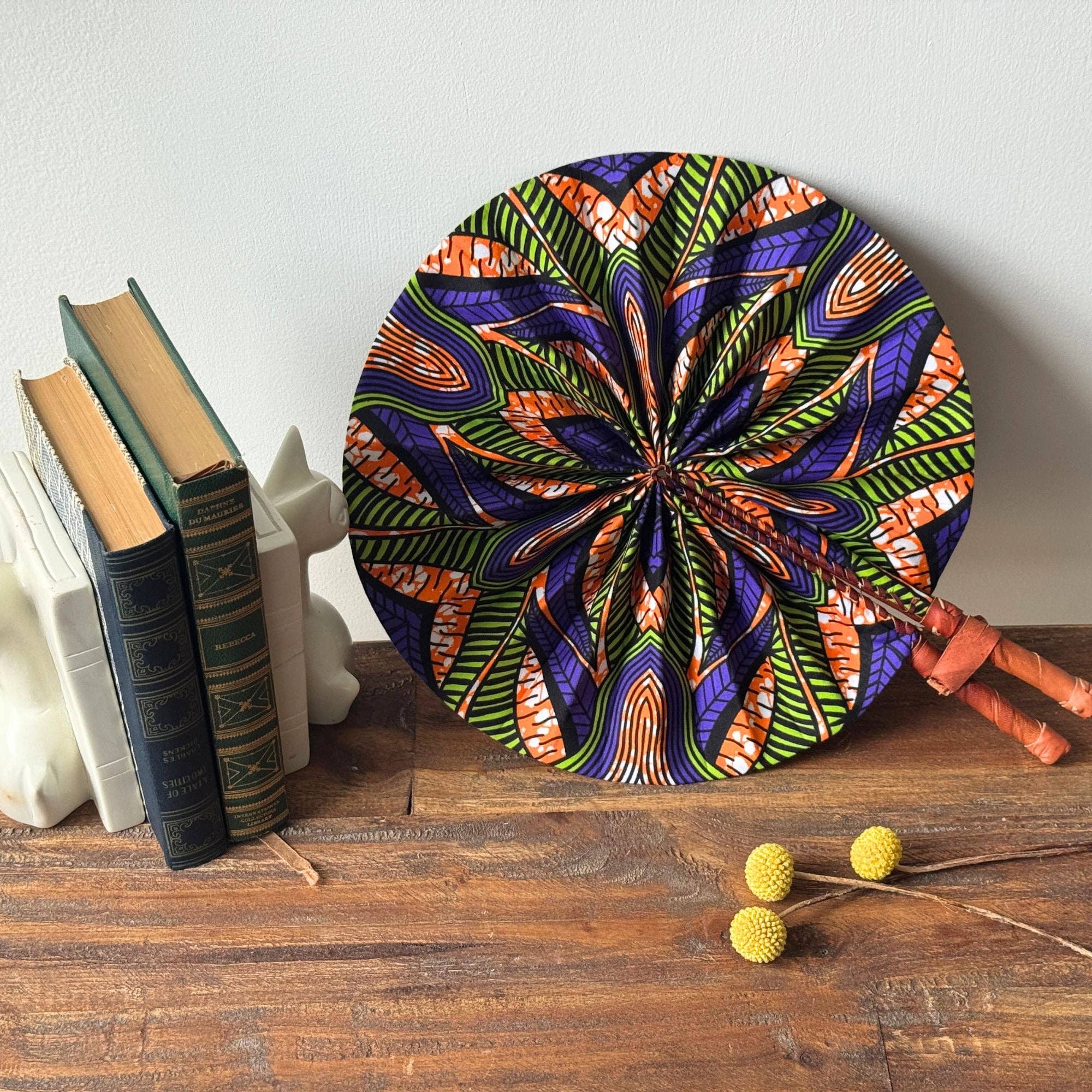 Global Crafts - Wholesale Handheld Folding Fan - Kenya Bright Kitenge Fan with Leather Handle1