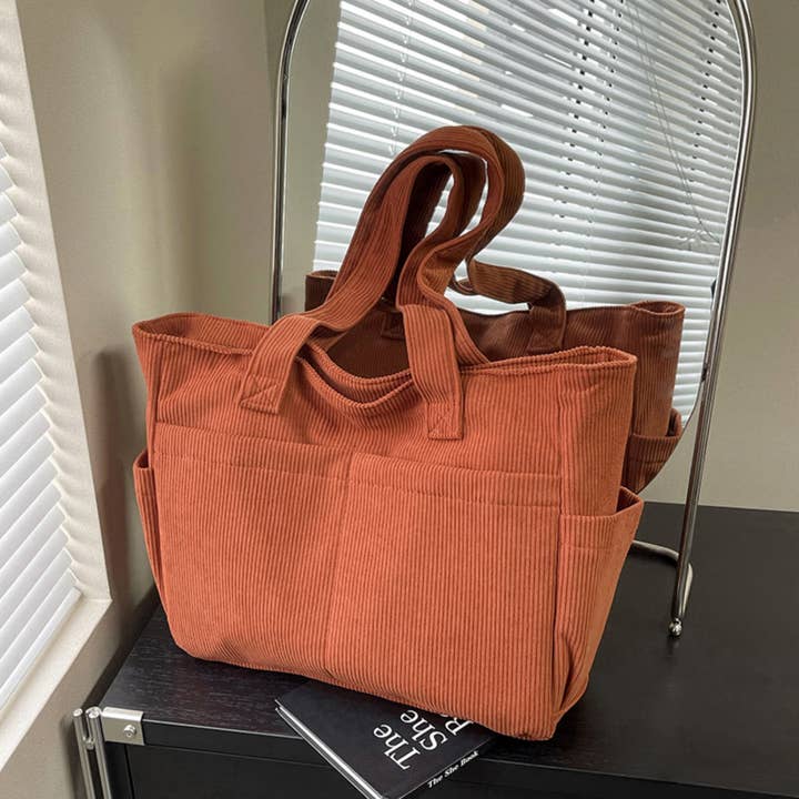 Casual Solid Color Corduroy Zippered Shoulder Bag Tote for wholesale by wandf