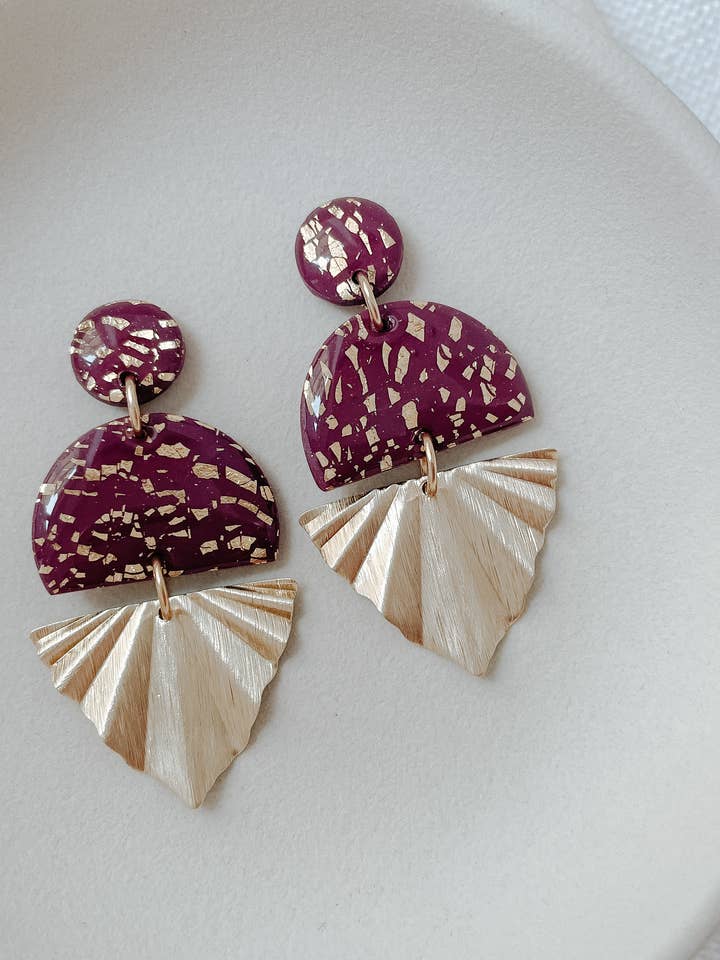 GOLDEN EVE Bordeaux & Gold Polymer Clay Earrings for wholesale by LESVARANDCLAY
