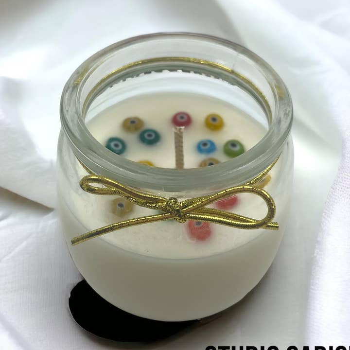 Bougie artisanale à la cire de soja, pot Evil Eye, non parfumée, 8 oz pour la vente par Studio Sadish