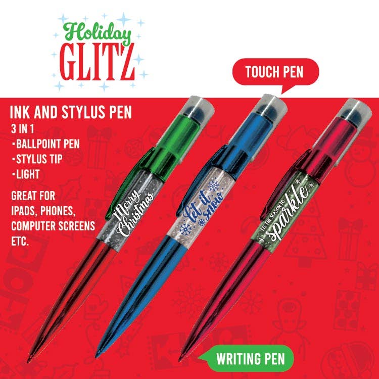 Novelty Brands - Wholesale Pen - Christmas Glitter Pen with LED Light Assortment - 6/Display1