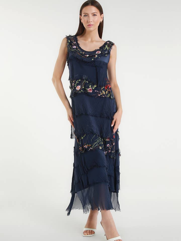 Embroidered Aleena Silk Maxi Ruffle Dress (DT215E) for wholesale by TINA Stephens Italy/Tees By Tina