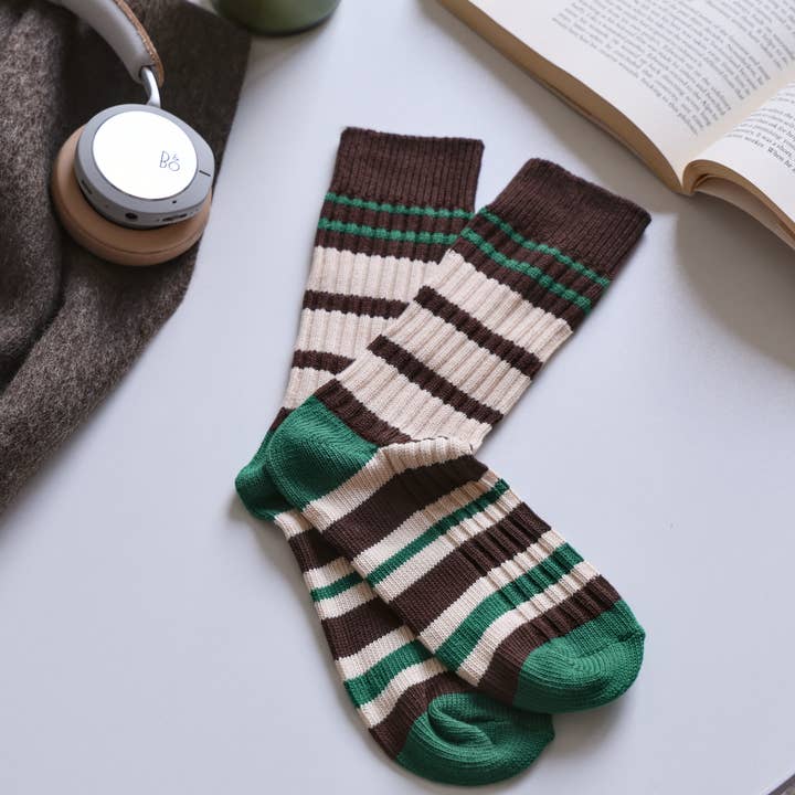 Happy Knits - Wholesale Socks - Women's - Retro Striped Socks - Knitted Cotton Crew Socks For Women