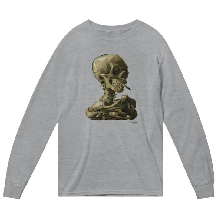 Camisa de manga larga con la calavera de un esqueleto con un cigarrillo encendido de Van Gogh 1886 para venta al por mayor de Art-O-Rama Shop