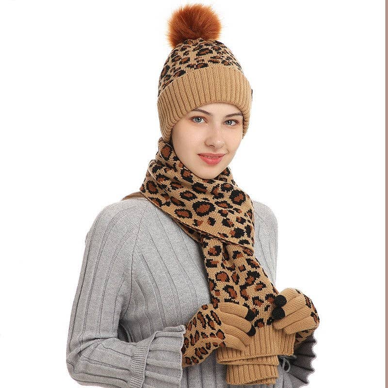 ShieldChic - Wholesale Winter Accessory Set - Women's - Leopard Print Warm Wool Hat Scarf Gloves Three-Piece Set5