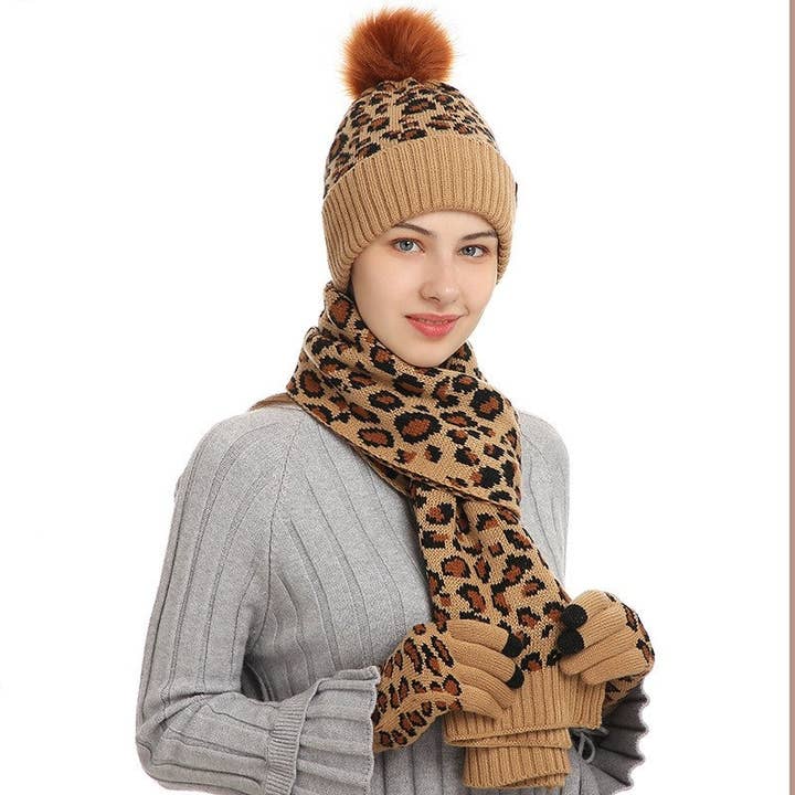 ShieldChic - Wholesale Winter Accessory Set - Women's - Leopard Print Warm Wool Hat Scarf Gloves Three-Piece Set5