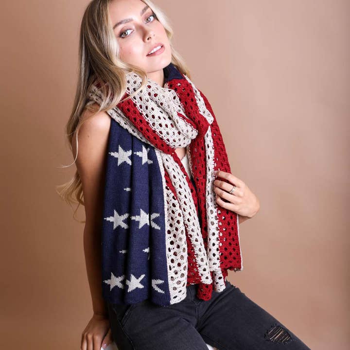 Leto Accessories - Wholesale Scarf - Women's - Netted Oversized American Flag Knit Blanket Scarf πΊπΈ3