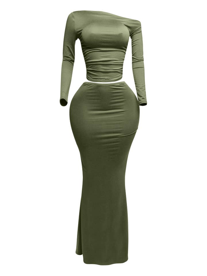 K Too - Wholesale Top & Skirt Set - Women's - One side off shoulder long sleeve top & skirt set4