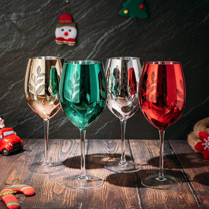 The Wine Savant / Khen Glassware - Wholesale Wine Glass - Etched Multicolor Christmas Stemmed Wine Glasses Set of 4 -