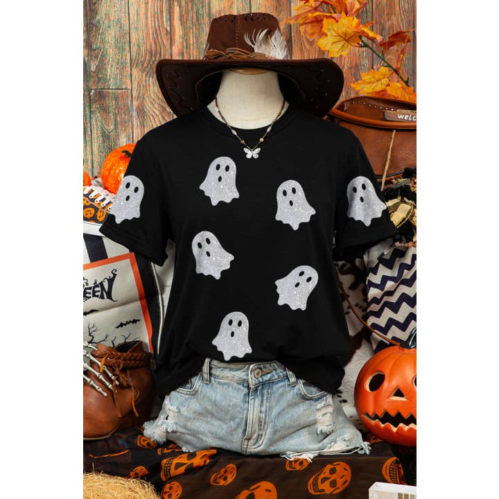 Fall Glitter Ghost Graphic Crew Neck Halloween T Shirt for wholesale by fashionworks