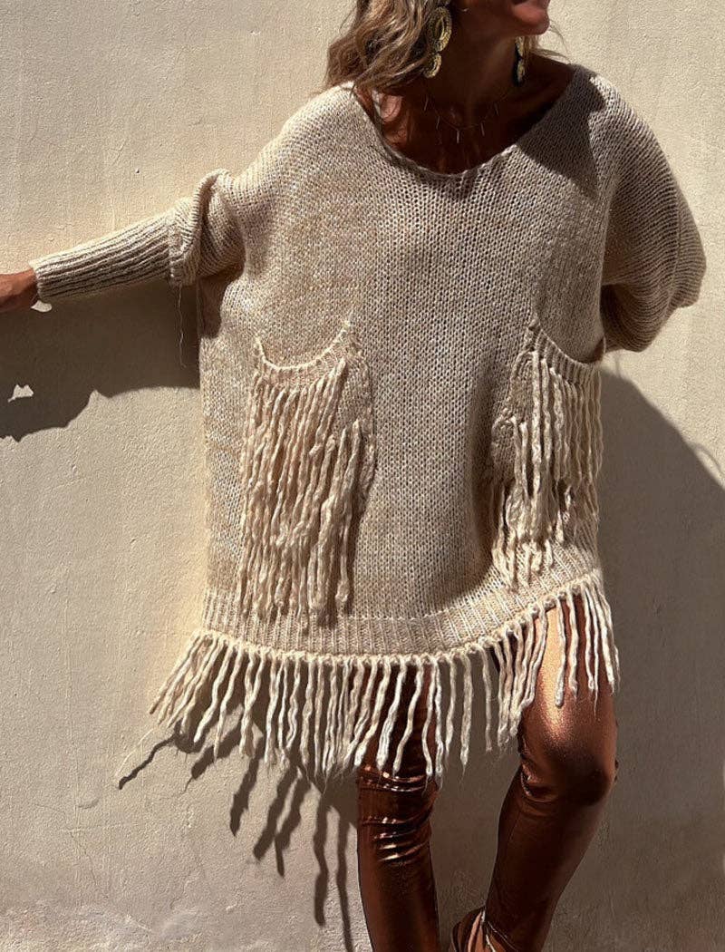 safistyle - Wholesale Tunic Sweater - Women's - Fringe Detail Oversized Sweater7