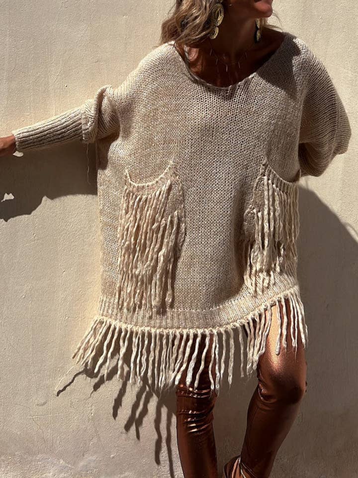 safistyle - Wholesale Tunic Sweater - Women's - Fringe Detail Oversized Sweater7
