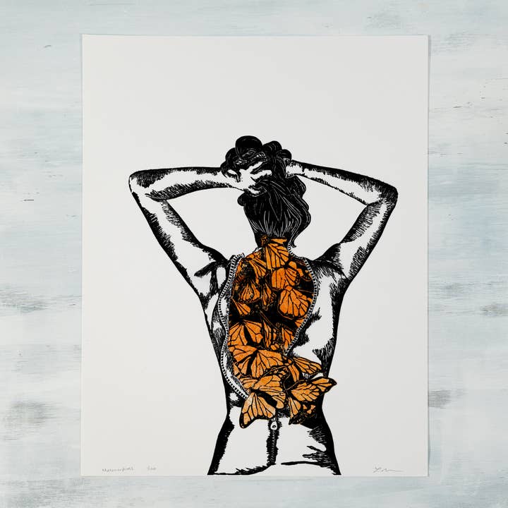 Metamorphosis Monarch Butterfly Surrealist Giclee Art Print for wholesale by Inky Mess Press