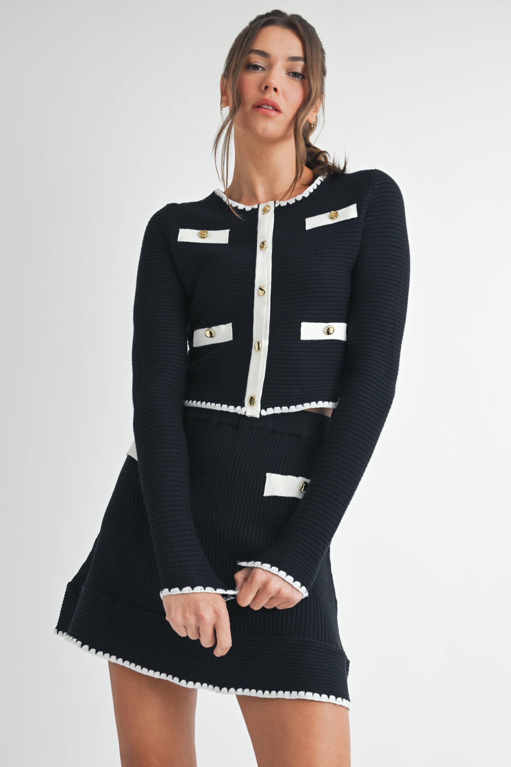 BLACK OFF WHITE Contrast Button Knit Crop Jacket for wholesale on Faire3