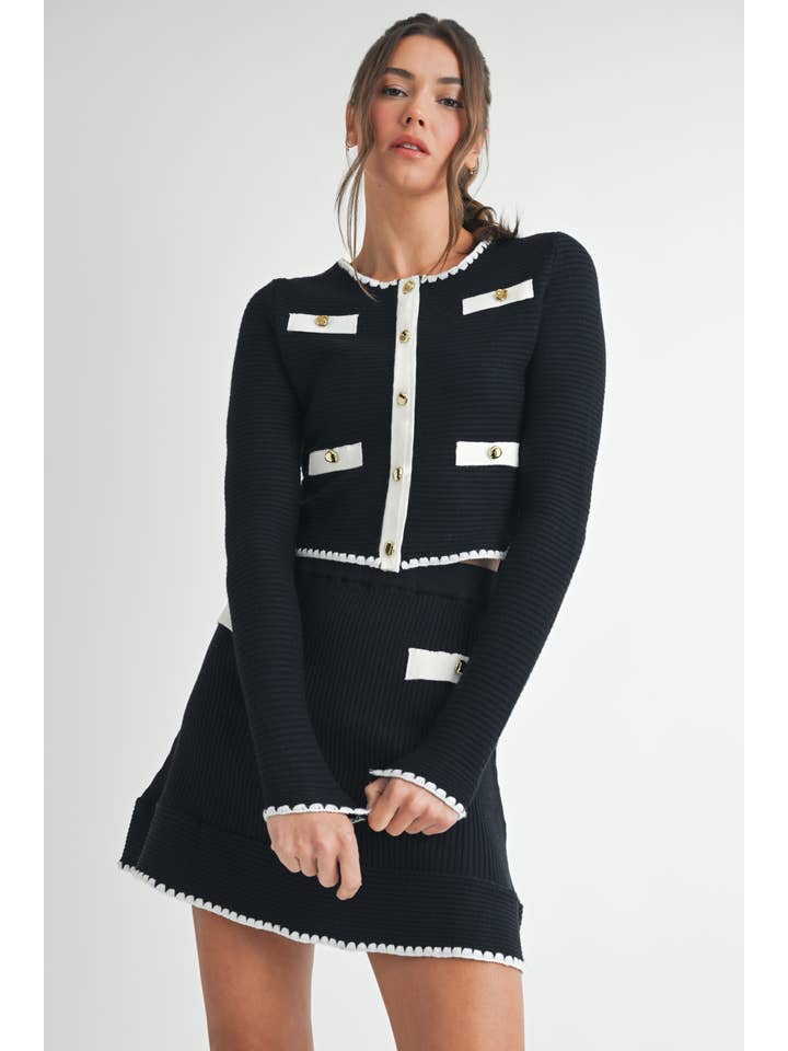 BLACK OFF WHITE Contrast Button Knit Crop Jacket for wholesale on Faire3