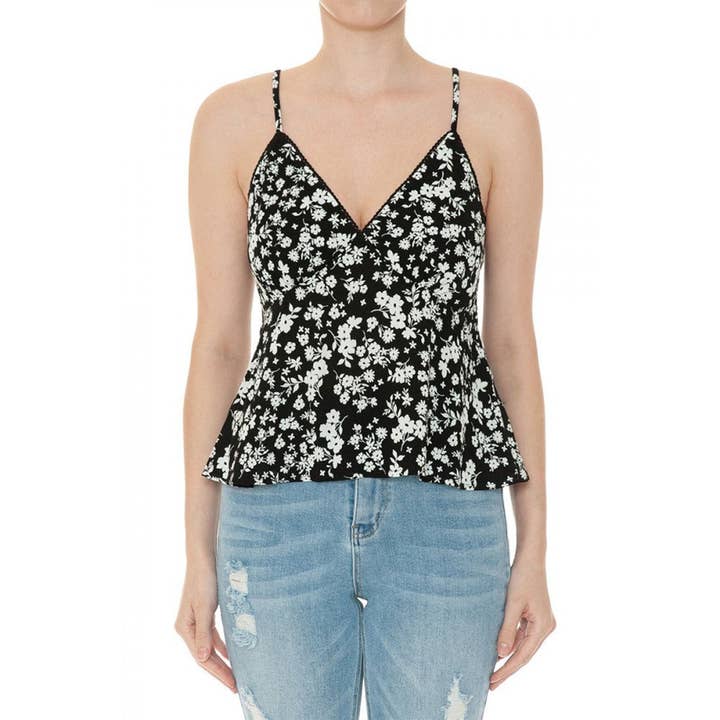 UP CLOTHING - Wholesale Tank Top - Women's - FLORAL PRINT DEEP V NECK CAMI TOP WITH CROCHET EDGE LACE