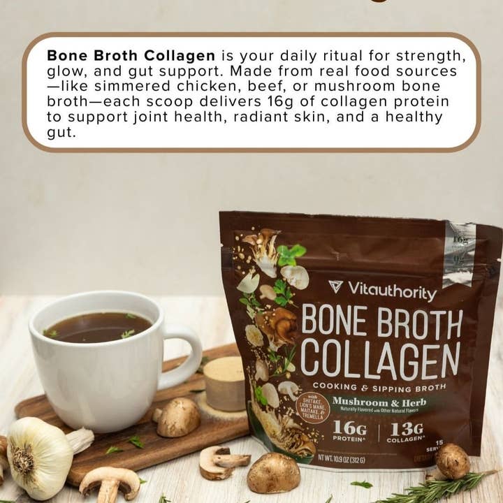 Vitauthority - Wholesale Protein/Superfood Powder - Mushroom & Herb Bone Broth Collagen -Gut & Joint Health 312g4