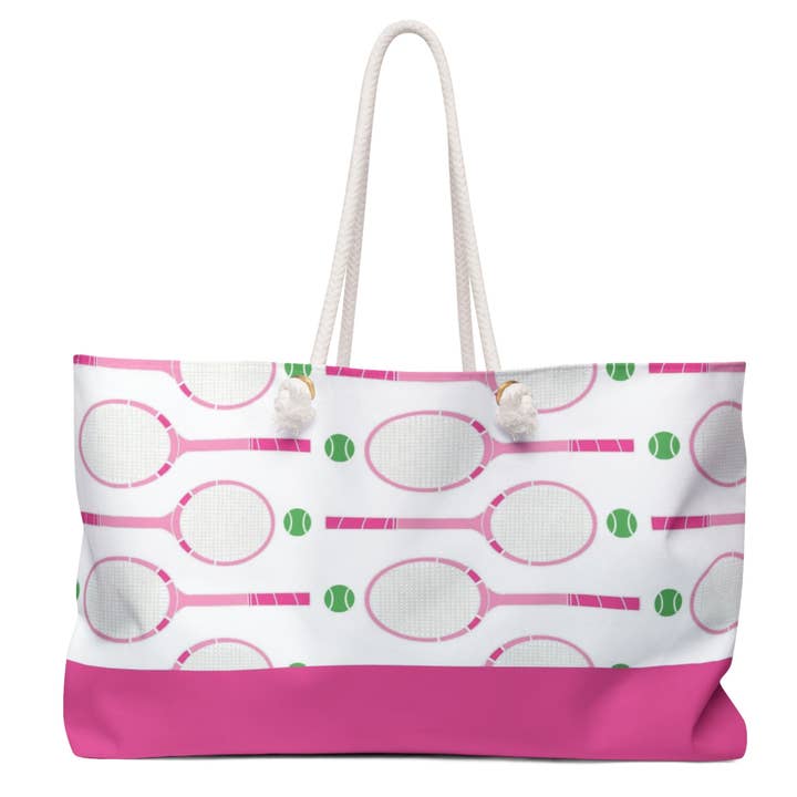 Weekender Tote Bag - White and Pink Tennis Rackets for wholesale by Peachy Pendants